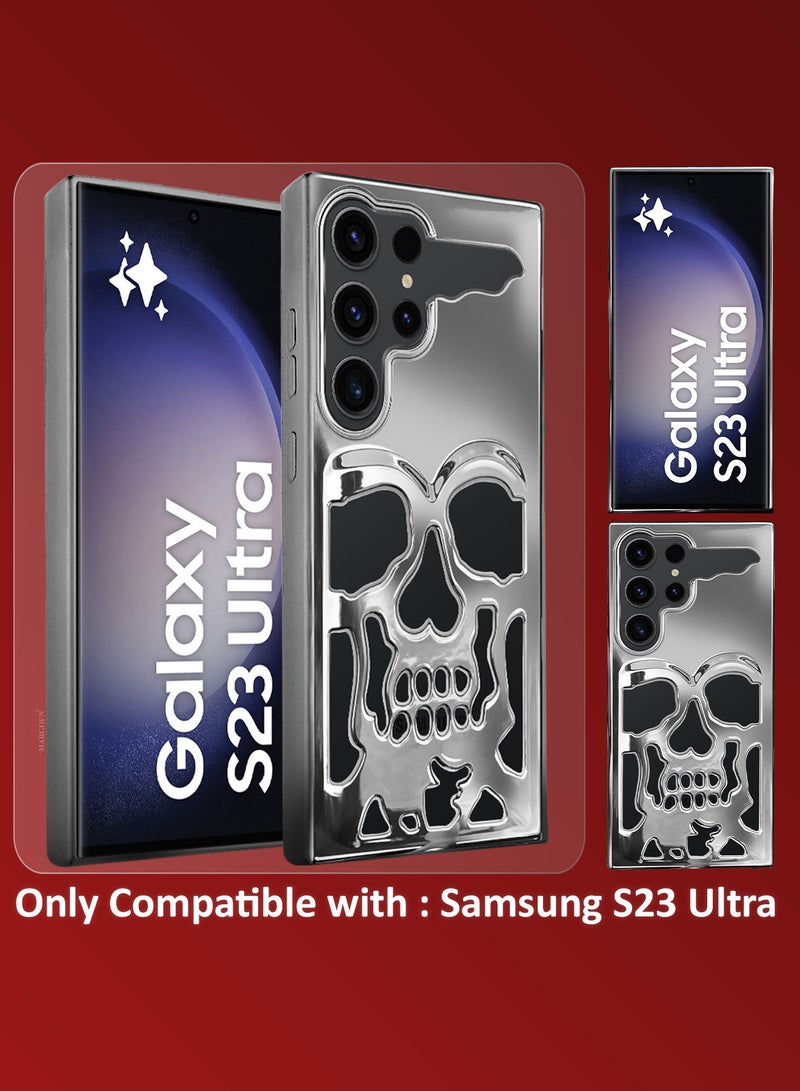 CATANES Galaxy S23 Ultra 3Packs Case Cover Soft TPU and Glossy Skull Design with Two 3D Shockproof Screen Protector - Silver - Image 2