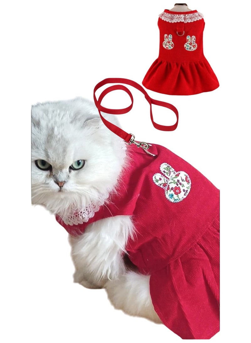 A.M Small Dog Cat Frock, Lace Corduroy Dog Skirt Dress Cute Rabbit Head Harness with D Ring Dress for Cat Puppy ShishTzu, Pug, Maltese - Image 1