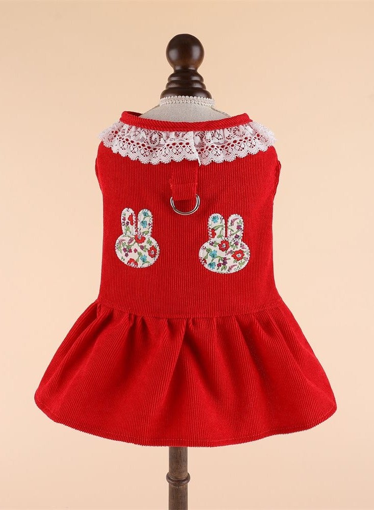 A.M Small Dog Cat Frock, Lace Corduroy Dog Skirt Dress Cute Rabbit Head Harness with D Ring Dress for Cat Puppy ShishTzu, Pug, Maltese - Image 2