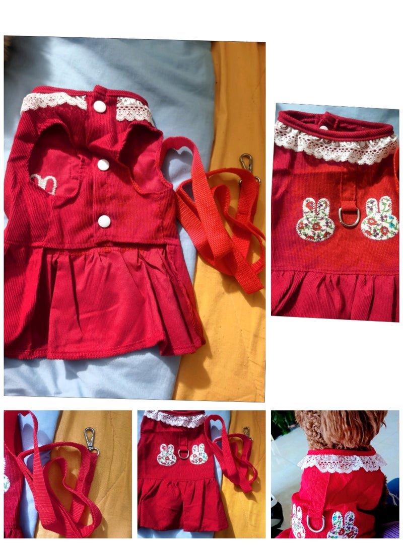 A.M Small Dog Cat Frock, Lace Corduroy Dog Skirt Dress Cute Rabbit Head Harness with D Ring Dress for Cat Puppy ShishTzu, Pug, Maltese - Image 3