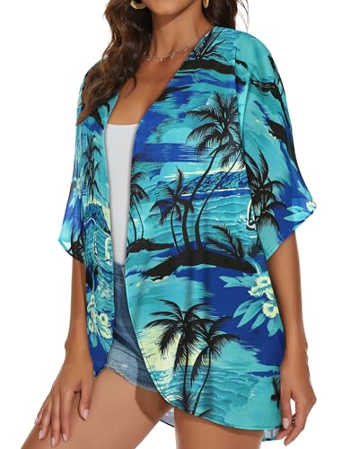 JILUVIN Womens Kimono Cardigans Beach Cover ups Swimwear Puff Sleeve Loose Casual Summer Tops 2026 (Blue Tree Print,L) - Image 4