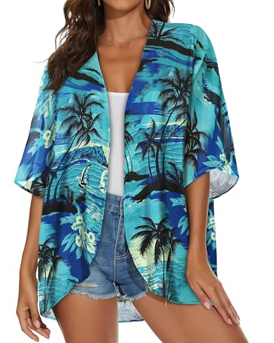 JILUVIN Womens Kimono Cardigans Beach Cover ups Swimwear Puff Sleeve Loose Casual Summer Tops 2026 (Blue Tree Print,L) - Image 2