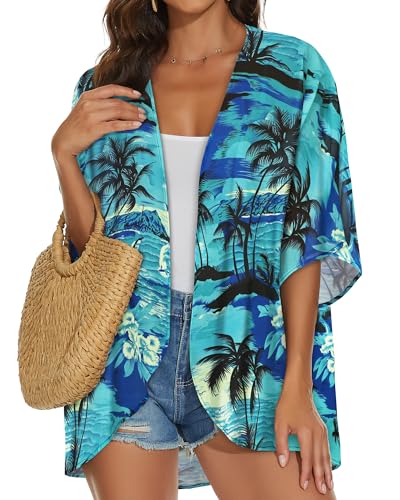 JILUVIN Womens Kimono Cardigans Beach Cover ups Swimwear Puff Sleeve Loose Casual Summer Tops 2026 (Blue Tree Print,L) - Image 3