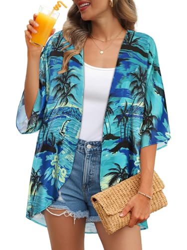 JILUVIN Womens Kimono Cardigans Beach Cover ups Swimwear Puff Sleeve Loose Casual Summer Tops 2026 (Blue Tree Print,L) - Image 1