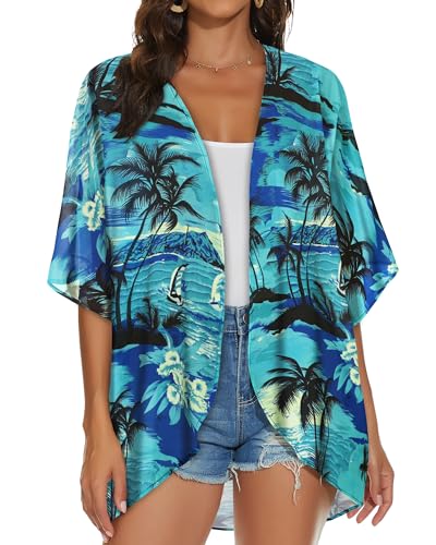 JILUVIN Womens Kimono Cardigans Beach Cover ups Swimwear Puff Sleeve Loose Casual Summer Tops 2026 (Blue Tree Print,L) - Image 5