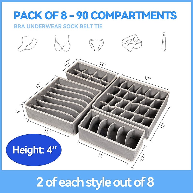 Onlyeasy Onlyeasy Closet Underwear Organizer Drawer DividerStorage Bins for Storing Bra Ties Lingerie Undies Sock Panty Belts Clothes Scarves 8 Pieces Grey - Image 2