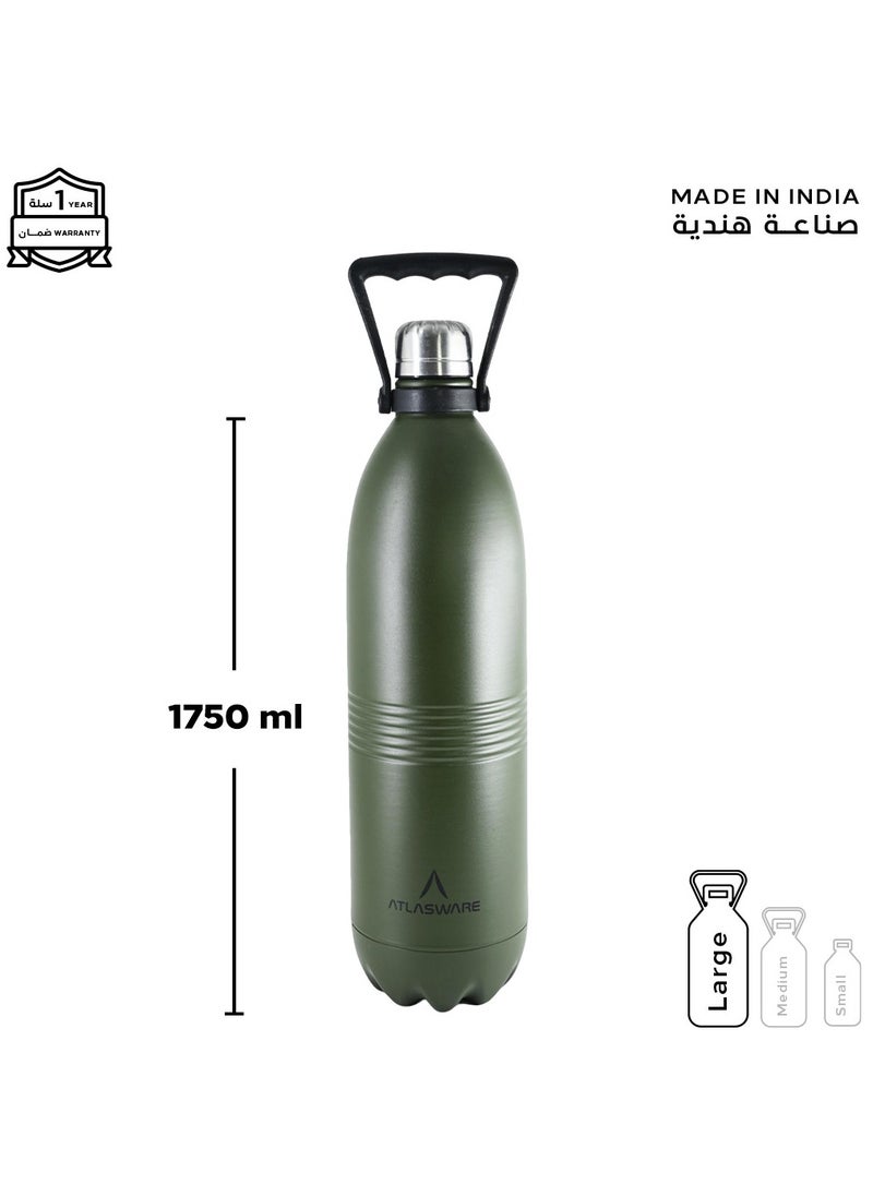 Atlasware - Water Bottle With a Capacity of 1750ml Stainless Steel Water Bottle That Keeps Cold For 100 Hours And keeps Heat For 45 Hours Army - Image 1