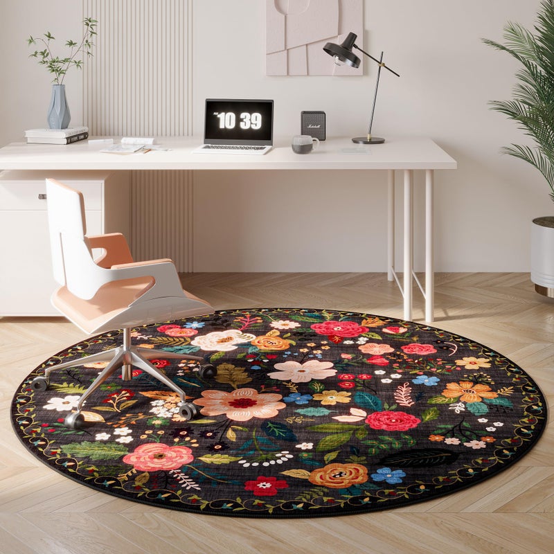 Rugcomf Round Rug 4ft Washable Circle Rug Non Slip Low Pile Boho Floral Small Circular Rug for Bedroom, Bathroom, Entryway, Kids Room, Office, College Dorm(Black) - Image 5