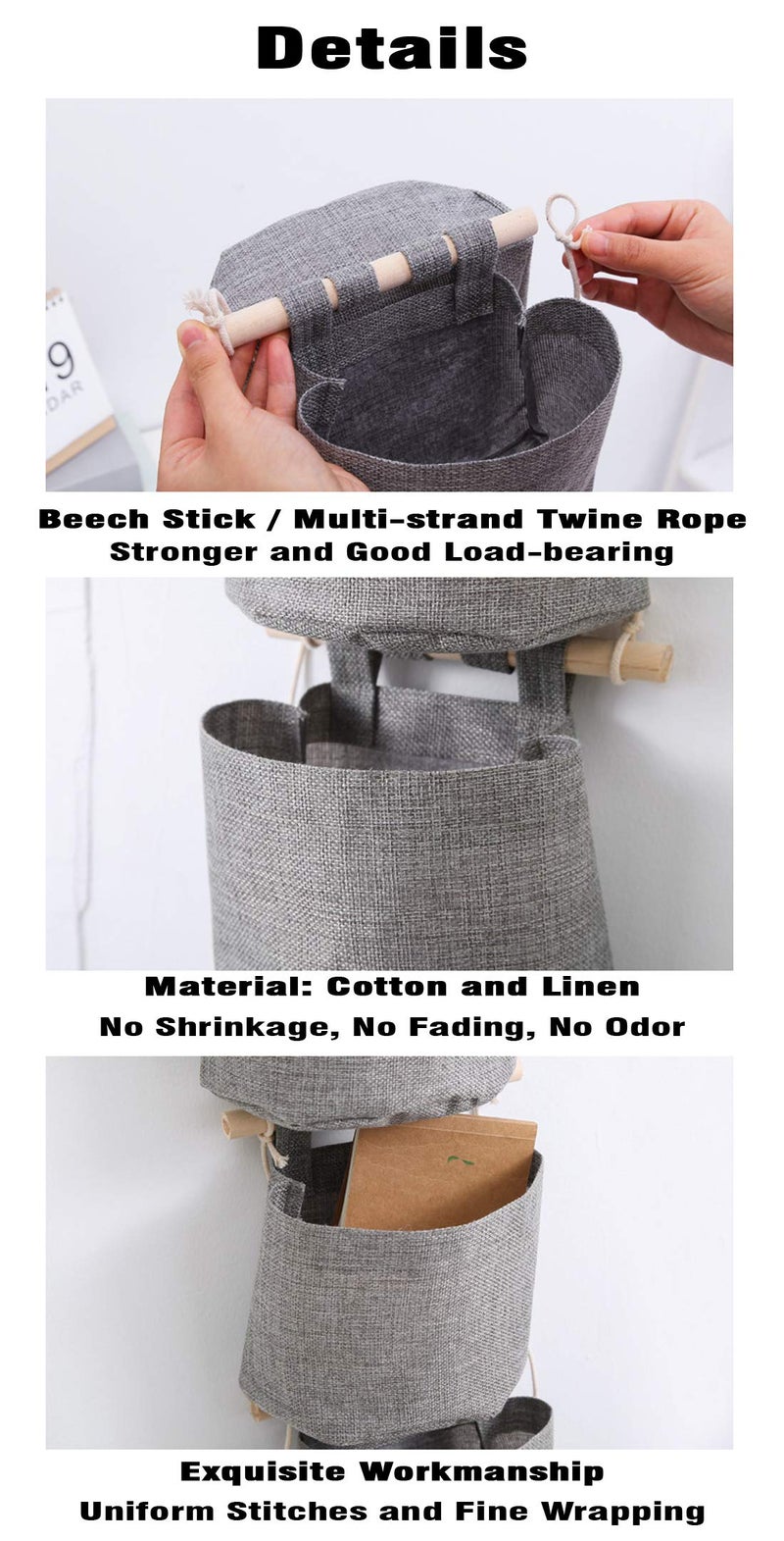 AARAINBOW 1 Pack Mini Cotton Linen Fabric Closet Detachable Foldable Washable Hanging Storage Bag with 3 Pockets Over The Wall Door Organizer for Room Bathroom (Khaki) - Image 5