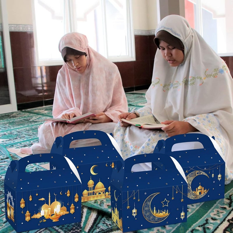 Cosfan 12 Pack Eid Mubarak Party Paper Boxes Blue Muslim Ramadan Treat Box Church Moon Candy Gift Bags Party Favors Boxes for Eid Party Wedding - Image 2