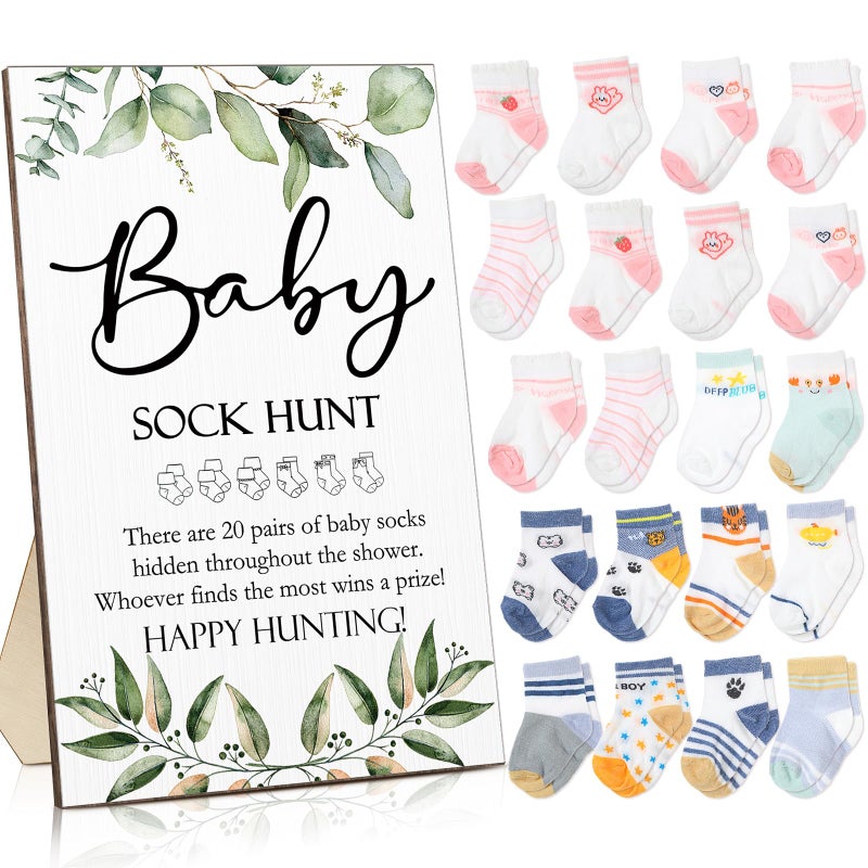 Hoteam Hoteam 21 Pcs Baby Shower Games Include Baby Sock Hunt Sign and 20 Pair Small Cotton Socks Wooden Table Sign with Holder for Boy and Girl Gender Reveal Party FavorsGreeneryCute Style