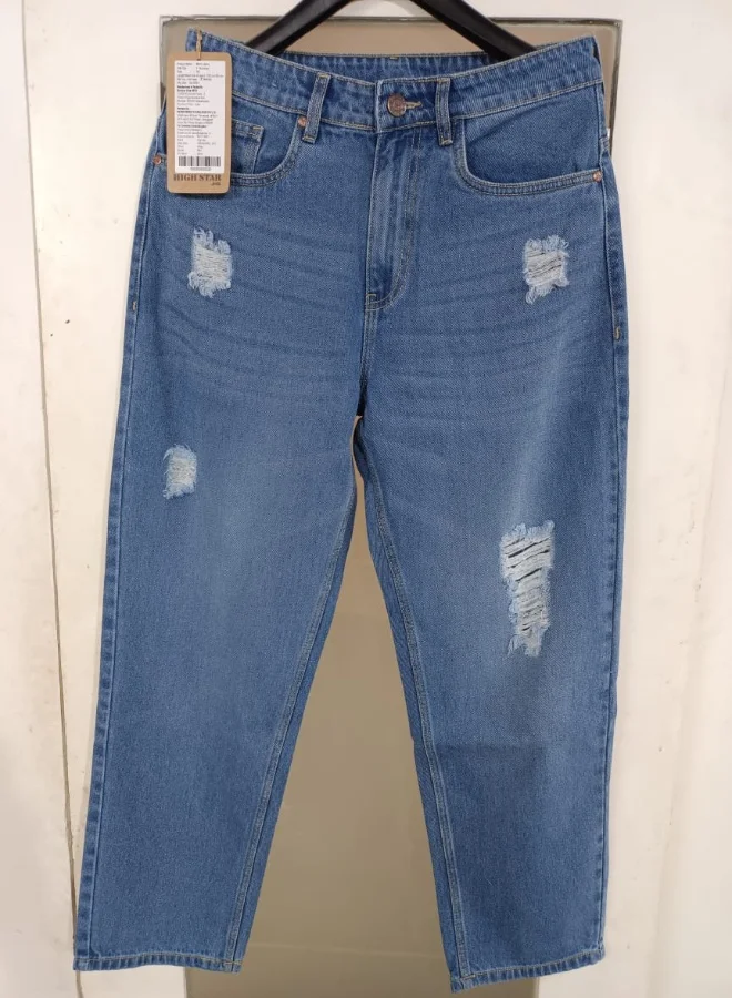 HIGH STAR  Men's Indigo 100% Cotton Bleached Full Length Loose Jeans for Men | Best Price UAE