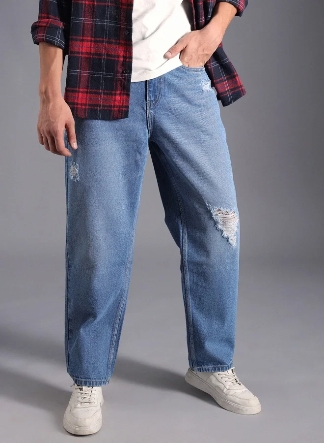 HIGH STAR  Men's Indigo 100% Cotton Bleached Full Length Loose Jeans for Men | Best Price UAE