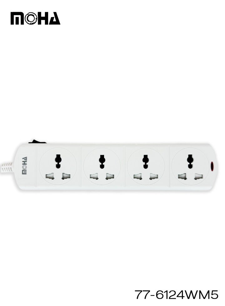 Moha 4-Way Universal Extension Socket – 5 Meter Cable, Single On/Off Switch, Type G UK Plug, 13A 3250W Max, Child-Safe Power Strip for Home & Office 77-6124WM5 - Image 2