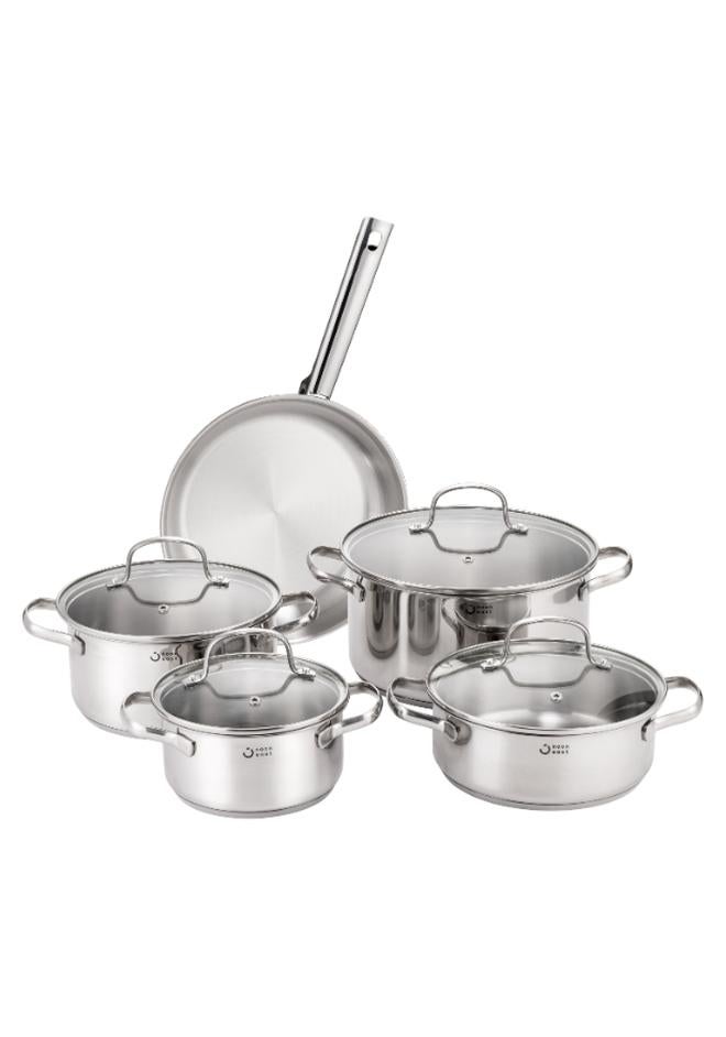 ايست من نون طقم قدور طهي من الستانلس ستيل مكون من 9 قطع - قاعدة ثلاثية الطبقات, قدر صلصة 14 سم, قدر بغطاء 16 سم, قدر منخفض بغطاء 20 سم, قدر بغطاء مقاس 20 - 24 سم, متوافق مع مواقد الحث الحراري، وآمن للاستخدام في غسالة الصحون - Image 1