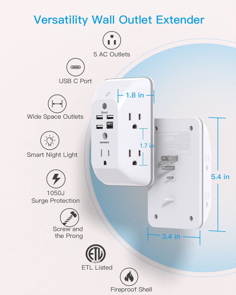 HANYCONY Outlet Extender with Night Light, Multi Plug Outlet, USB Wall Charger Surge Protector 4 USB Charging Port(1USB C), Power Strip Electrical Outlet Splitter Expander for Home Office Dorm Room ETL Listed - Image 3