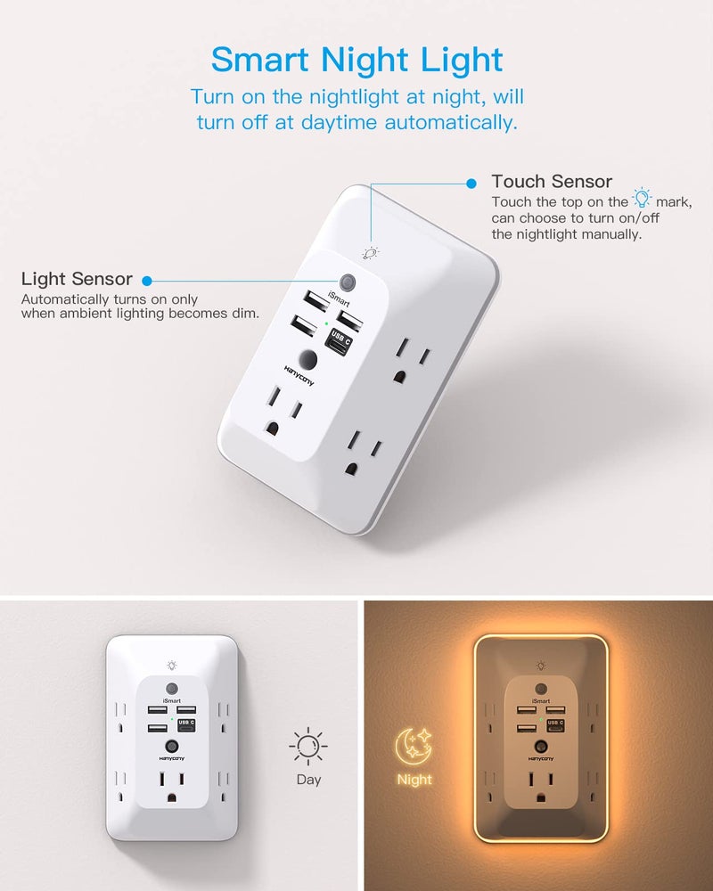 HANYCONY Outlet Extender with Night Light, Multi Plug Outlet, USB Wall Charger Surge Protector 4 USB Charging Port(1USB C), Power Strip Electrical Outlet Splitter Expander for Home Office Dorm Room ETL Listed - Image 2