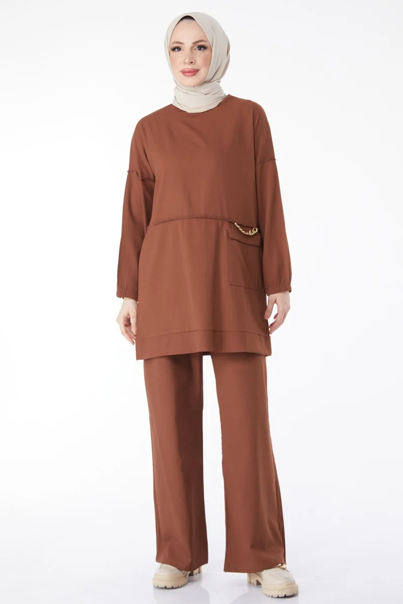 Tofisa 10542-BROWN Chain Detailed Tunic Trousers Double Suit