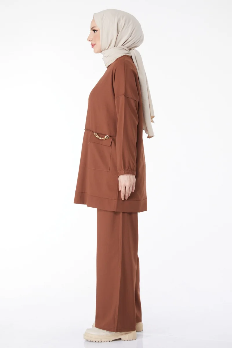 Tofisa 10542-BROWN Chain Detailed Tunic Trousers Double Suit