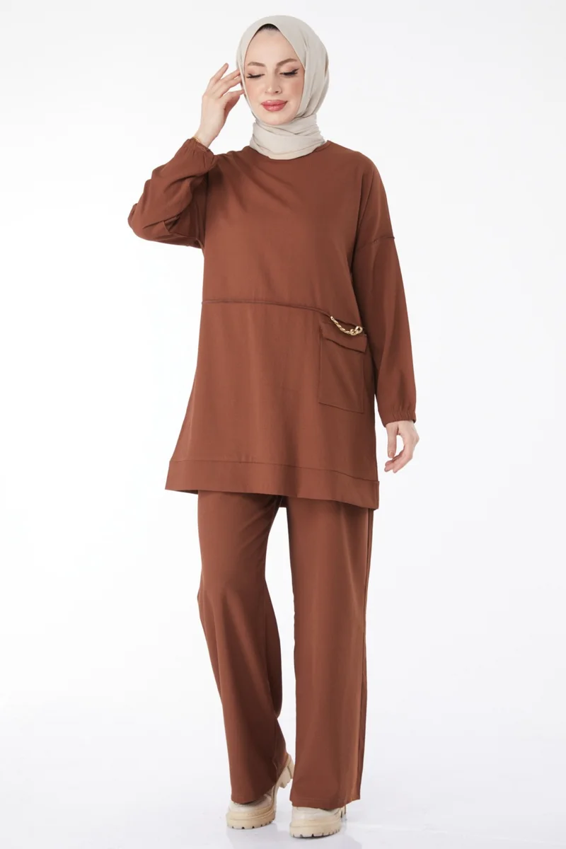 Tofisa 10542-BROWN Chain Detailed Tunic Trousers Double Suit