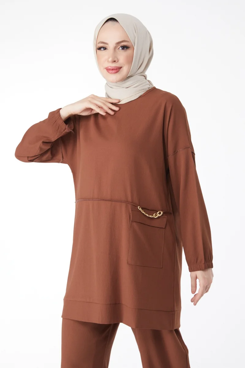 Tofisa 10542-BROWN Chain Detailed Tunic Trousers Double Suit