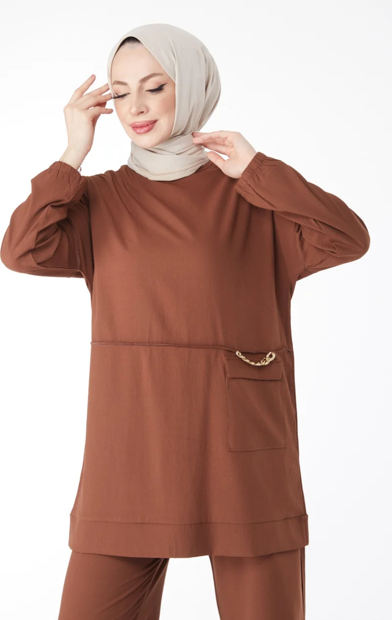 Tofisa 10542-BROWN Chain Detailed Tunic Trousers Double Suit