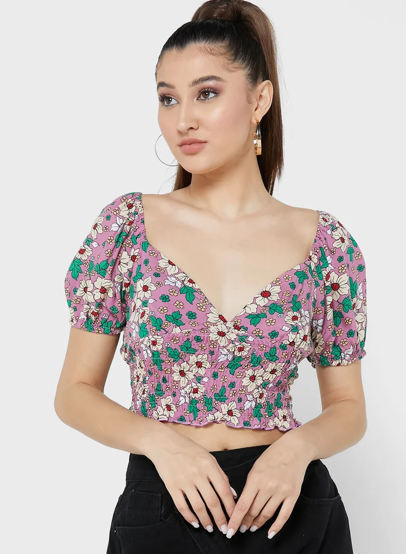 Ginger Printed Shirred Cropped Blouse