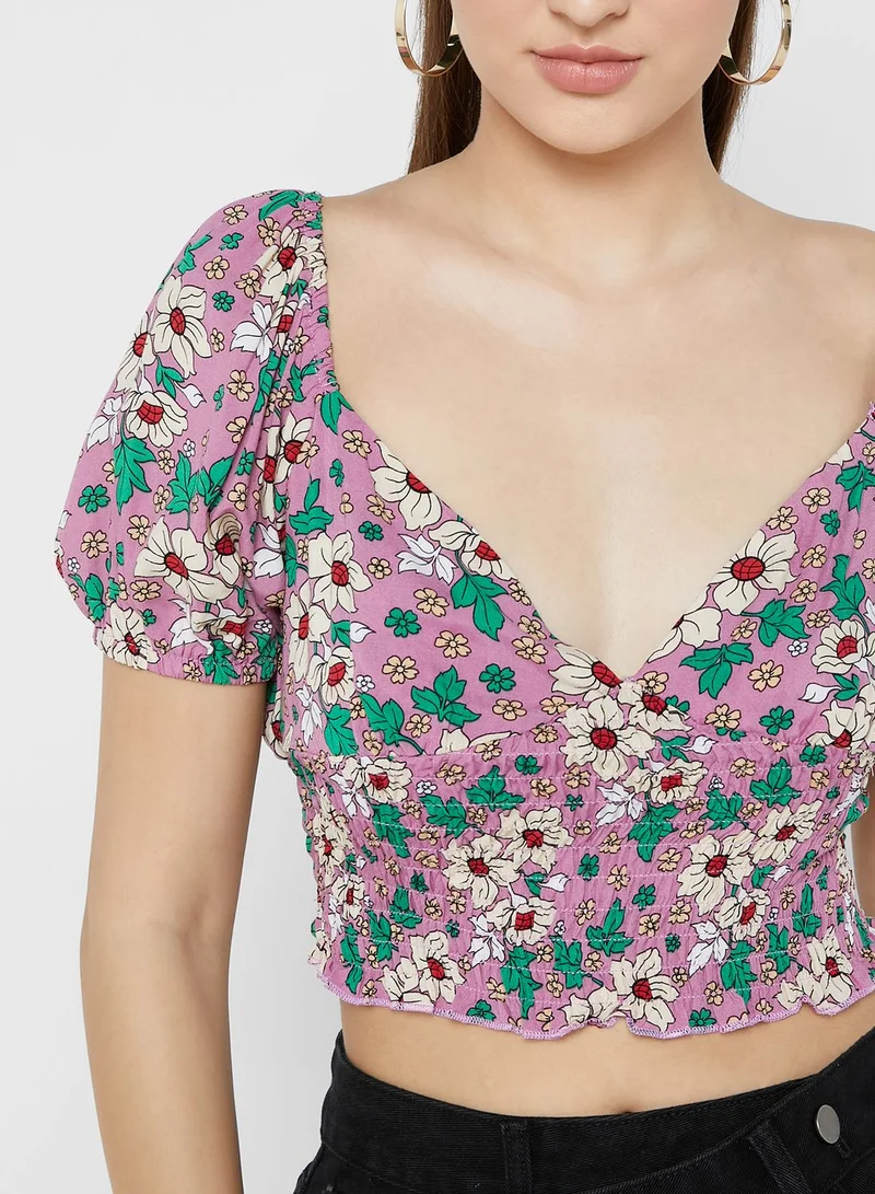 Ginger Printed Shirred Cropped Blouse