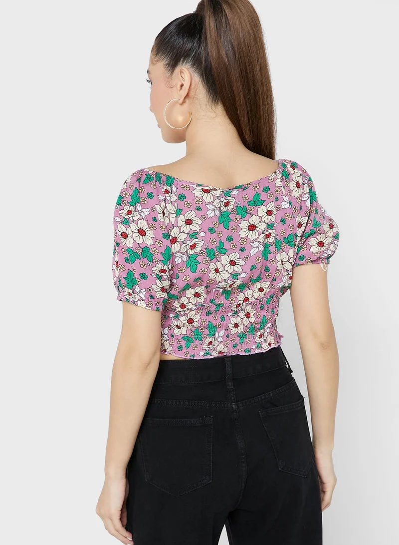 Ginger Printed Shirred Cropped Blouse