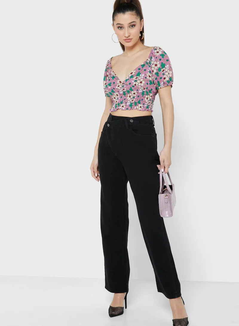 Ginger Printed Shirred Cropped Blouse