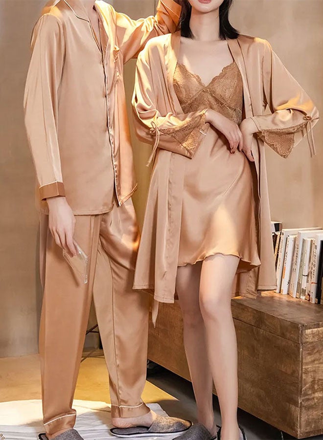 MARGOUN Summer Ice Silk Large Men Pajamas Large Women Pajamas Lace Trim Robe Set Home Service Suit Casual Couple Sleepwear Nightwear Gold - Image 1