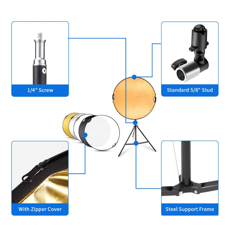 Selens Handle Round Reflector Stand Kit for Photography, 32" 5-in-1 Collapsible Lighting With 6.5ft Light Stand, Carry Bag and Clamp for Portrait Studio Shoot - Image 3