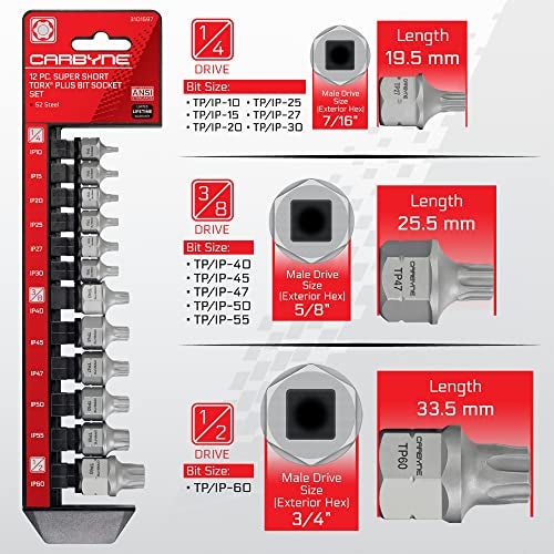 CARBYNE 12-Piece Torx Plus (6 Lobe) Super Short Low Profile Bit Socket Set | TP10/IP10 - TP60/IP60, Dual-Drive: Internal Square Drive & External Hex Drive • From a Family-Run Tool Company in the U.S. - Image 2
