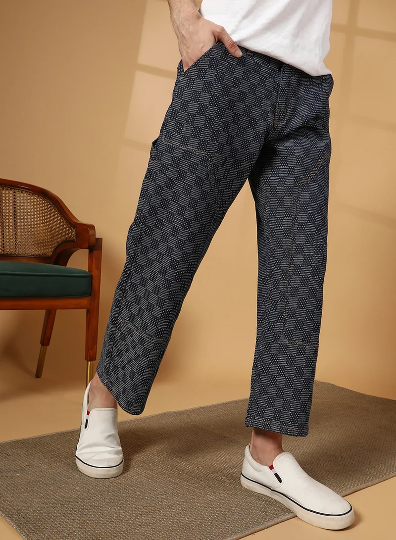 Men's Navy Blue Checker Baggy Utility Denim Jeans For Casual Wear | Dark-Wash | Mid-Rise | Button & Zip Closure | Denim Jeans Crafted With Comfort Fit For Everyday Wear