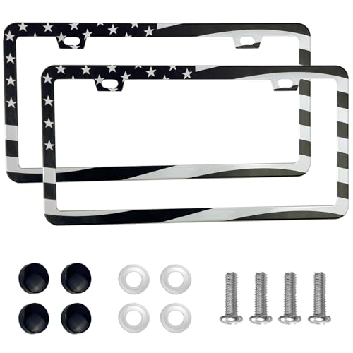 lengnoyp 2PCS Premium American Flag License Plate Frame Black License Plate Frames 2 Holes Solid Stainless Steel License Plate Holder Universal Car License Plate Frame for USA Flag by Lengnoyp - Image 1
