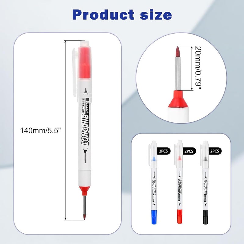 Buildcon 6 قطع قلم تعليم الثقوب العميقة دائم، قلم ذو رأس طويل للخشب، المعدن، الزجاج، البلاستيك، أدوات البناء، أدوات النجار، قلم تعليم، أداة تعليم العلامات (أزرق، أسود، أحمر) - Image 2