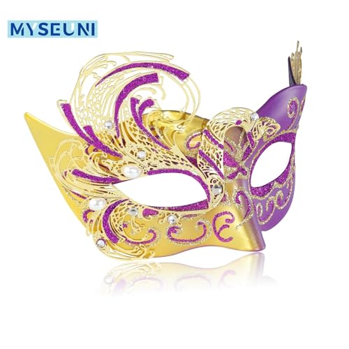 MYSEUNI 2025 New Purple Masquerade Mask for Women-Peacock Metal Filigree Venetian Mask- Butterfly Mascarade Mask for Women -Perfect for Mardi Gras, Halloween Parties, Costume Party, Carnivals, Wedding - Image 3