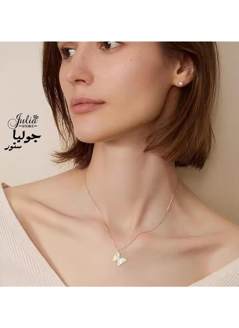 Julia Store - Elegant 18K Gold Plated Stainless Steel Butterfly Necklace, Simple Colorful Butterfly Necklace with Cubic Zirconia, Cute Crystal Butterfly Necklaces Gifts for Girls Women - Crystal - Image 1
