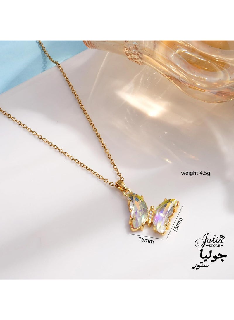 Julia Store - Elegant 18K Gold Plated Stainless Steel Butterfly Necklace, Simple Colorful Butterfly Necklace with Cubic Zirconia, Cute Crystal Butterfly Necklaces Gifts for Girls Women - Crystal - Image 1