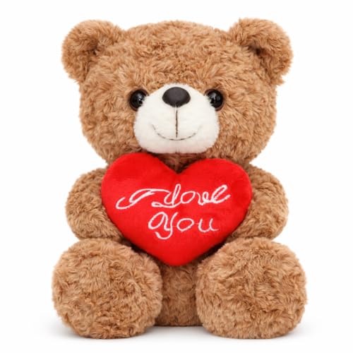 Aqushymallow Cow Teddy Bear Plush Toy Hugging a Red Rose or a Heart Romantic Teddy Bear Plush Doll Valentines Day Birthday Girls Gift Brown Bear Heart - Image 1