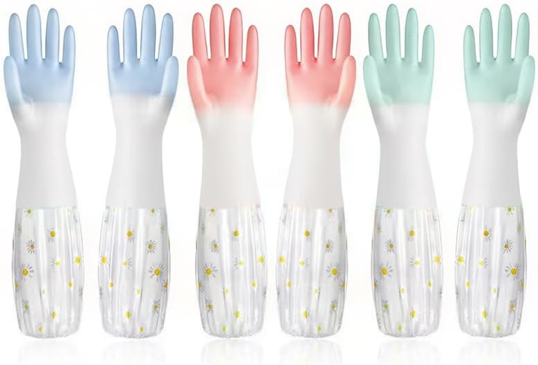 MsAnya 3 Pcs Rubber Dishwashing Cleaning Gloves - Waterproof, Reusable Long Kitchen Gloves, Latex-Free Household Gloves for Laundry, Cleaning, Working, Gardening - Image 1