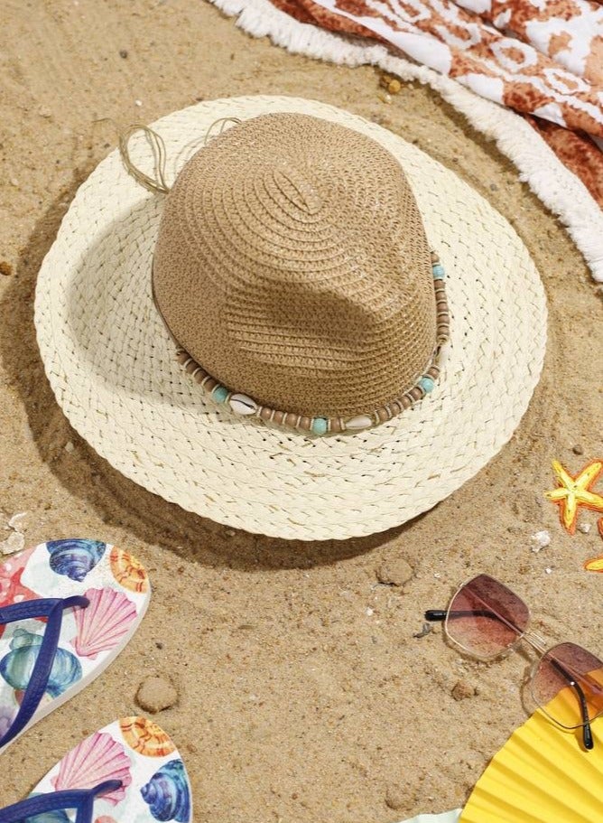 Two-Tone Straw Panama Hat with Shell and Turquoise Bead Band, Brown and Natural