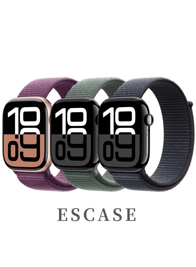 ESCASE 3 Pack Nylon Replacement Wrist Band for iWatch Series 10 46mm, Compatible with iWatch Band 42mm/44mm/45mm/46mm/49mm, for iWatch Ultra Series 10 9 8 SE 7 6 5 4 3 2 1,Ink/ Plum/lake green - Image 1