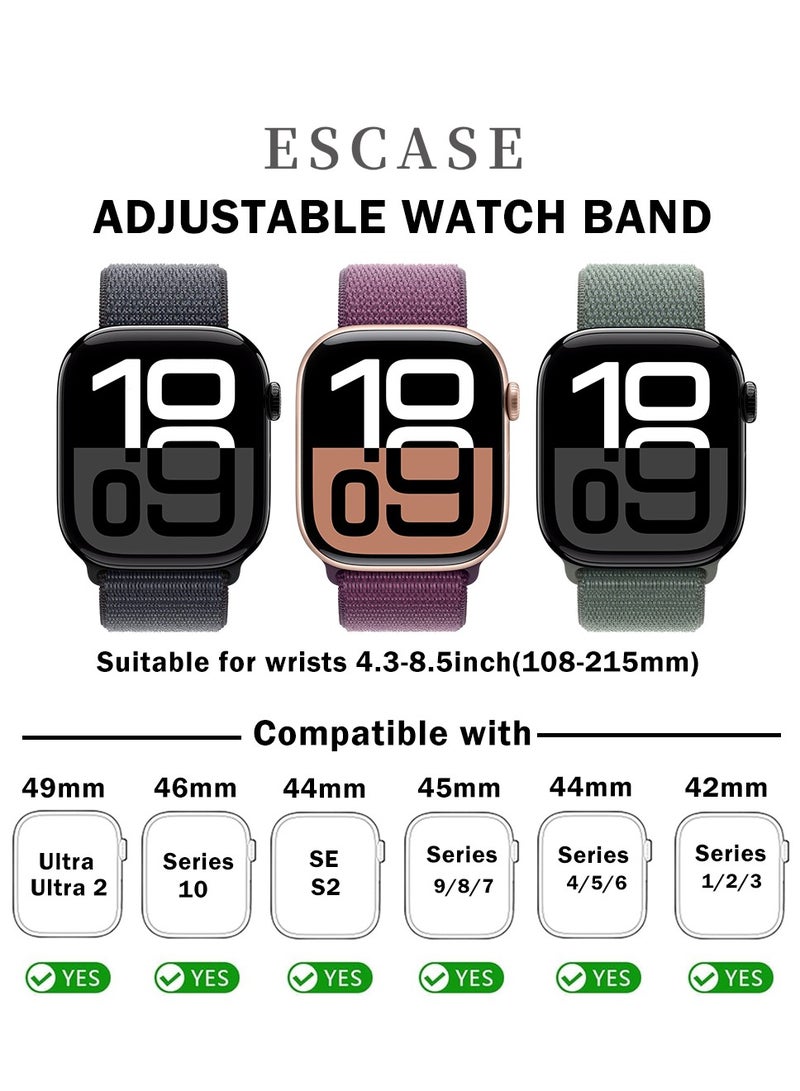ESCASE 3 Pack Nylon Replacement Wrist Band for iWatch Series 10 46mm, Compatible with iWatch Band 42mm/44mm/45mm/46mm/49mm, for iWatch Ultra Series 10 9 8 SE 7 6 5 4 3 2 1,Ink/ Plum/lake green - Image 2