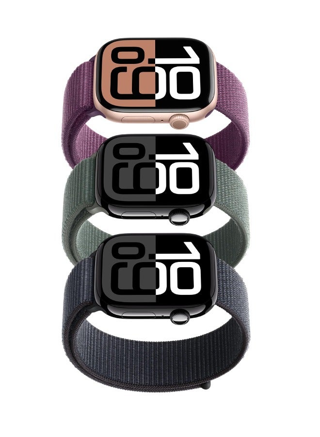 ESCASE 3 Pack Nylon Replacement Wrist Band for iWatch Series 10 46mm, Compatible with iWatch Band 42mm/44mm/45mm/46mm/49mm, for iWatch Ultra Series 10 9 8 SE 7 6 5 4 3 2 1,Ink/ Plum/lake green - Image 5