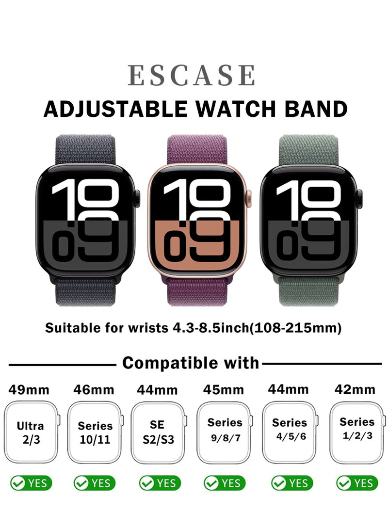 ESCASE 3-Piece Nylon Strap Replacement Set Compatible with Apple Watch Strap Sizes: 42mm/44mm/45mm/46mm/49mm Fits Apple Watch Ultra/Ultra 2/Ultra 3, Series 11/10/9/8/SE/7/6/5/4/3/2/1 and other models Available in Black/Plum Purple/Lake Green Combo - Image 2