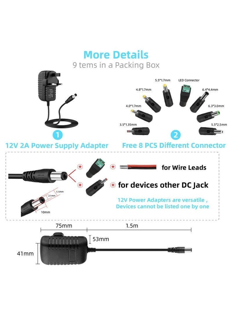 Youque 8 in 1 Universal 12V Power Adapter Connector Charging Cable with 8 Connector Trips for LED Strip Lights Wireless Router USB HUB Switches Security Cameras CCTV indoor and out door DVR Boxes TV Box Power - Image 3
