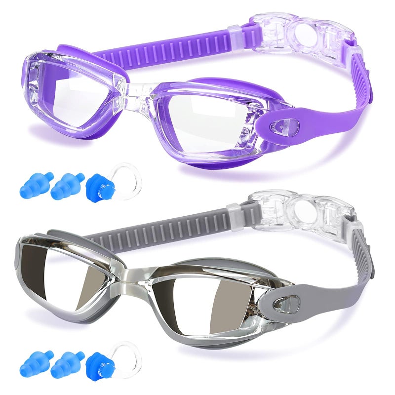 COOLOO Swim Goggles Men, 2 Pack Swimming Goggles for Women Kids Adult Anti-Fog, Purple & Gray - Image 1