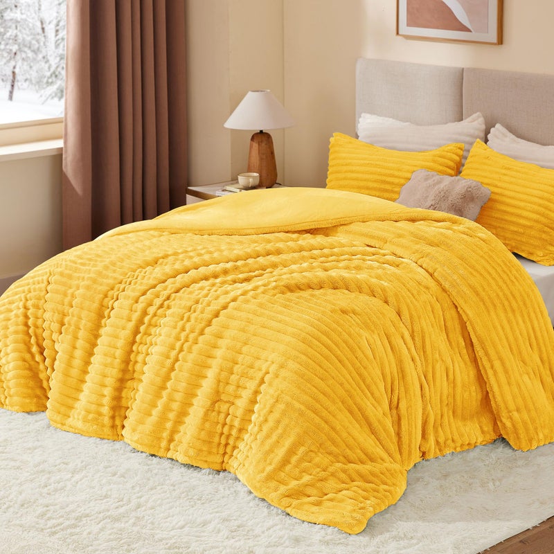 BEDELITE Fleece Queen Comforter Set -Super Soft & Warm Fluffy Bright Yellow Bedding, Luxury Fuzzy Heavy Bed Set for Winter with 2 Pillow Cases - Image 2