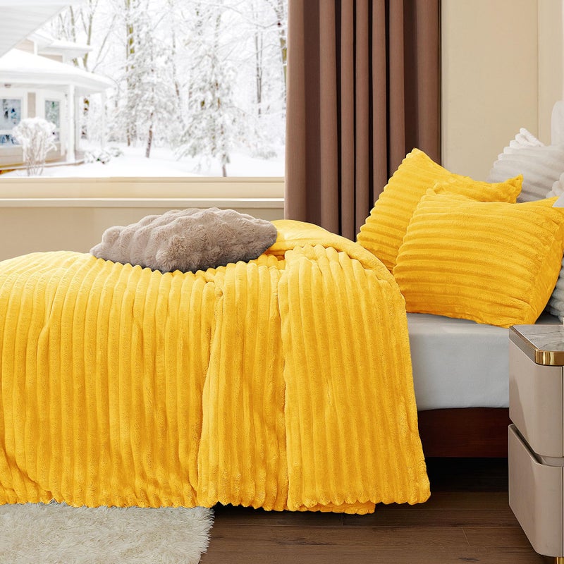 BEDELITE Fleece Queen Comforter Set -Super Soft & Warm Fluffy Bright Yellow Bedding, Luxury Fuzzy Heavy Bed Set for Winter with 2 Pillow Cases - Image 4
